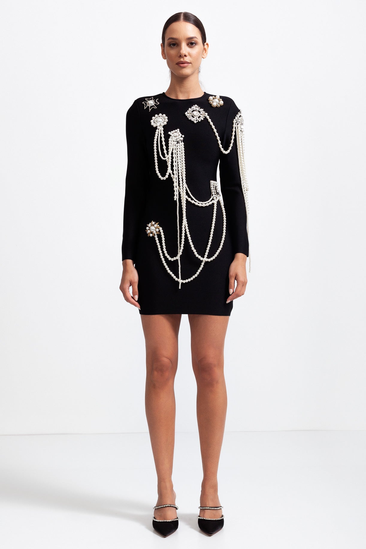 CECILE  Long Sleeve Diamond Pearls Mini Dress - Black