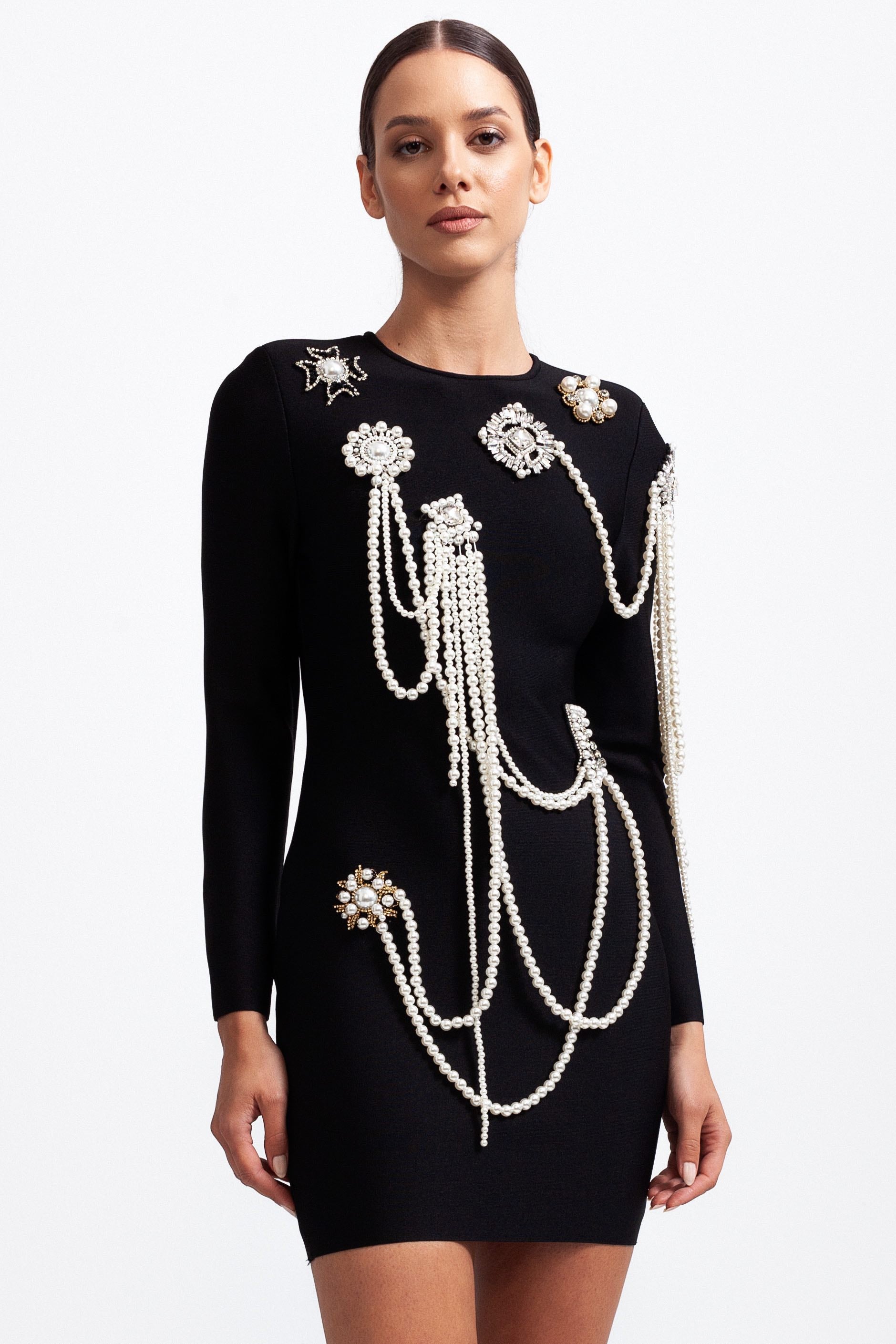 CECILE  Long Sleeve Diamond Pearls Mini Dress - Black