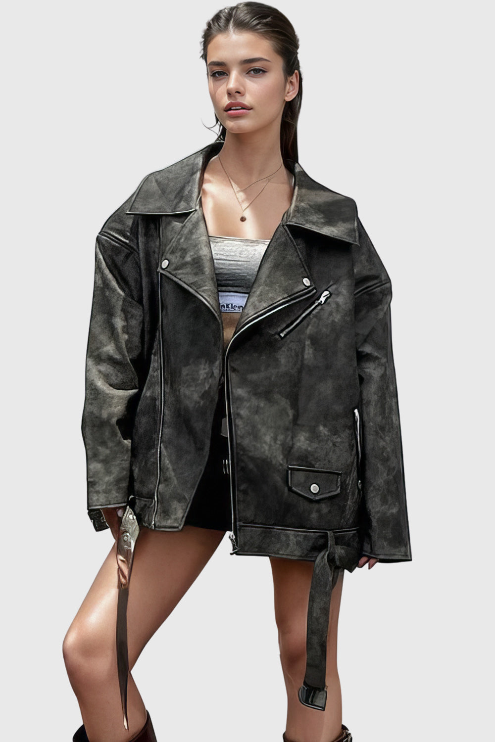 Oversized Leather Jacket - Dark Green