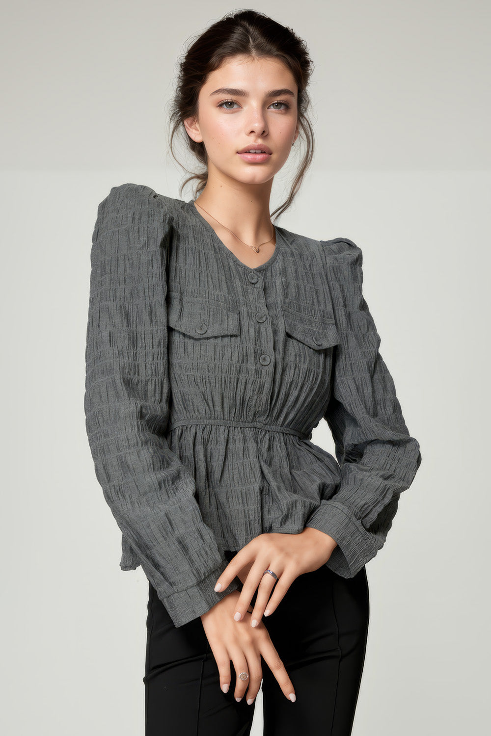 Textured Shirt with Ruched Waist - Grey