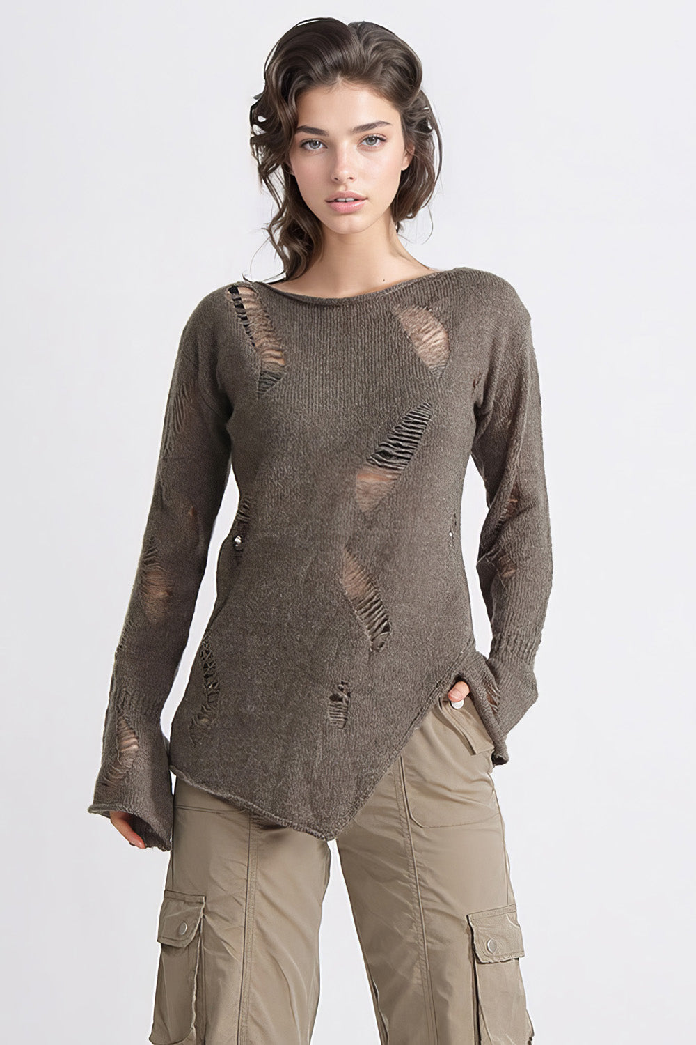 Ripped Long Sleeve Top with Irregular Hem - Brown