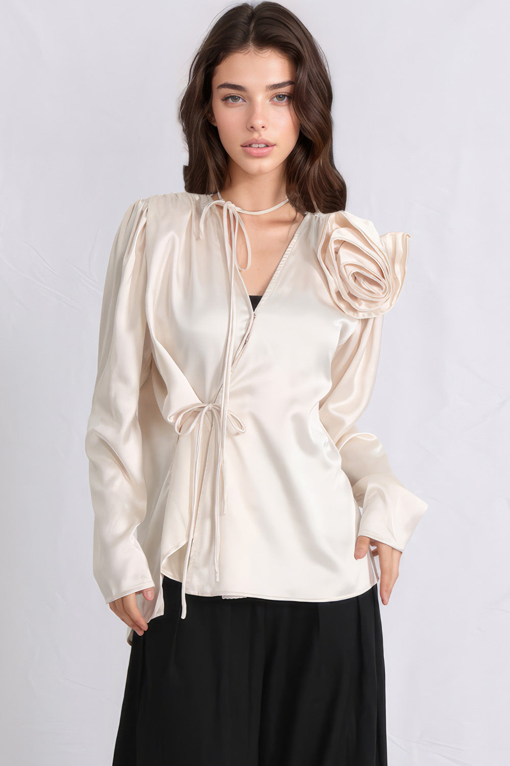 Elegant Shirt with Flower Detail - Beige