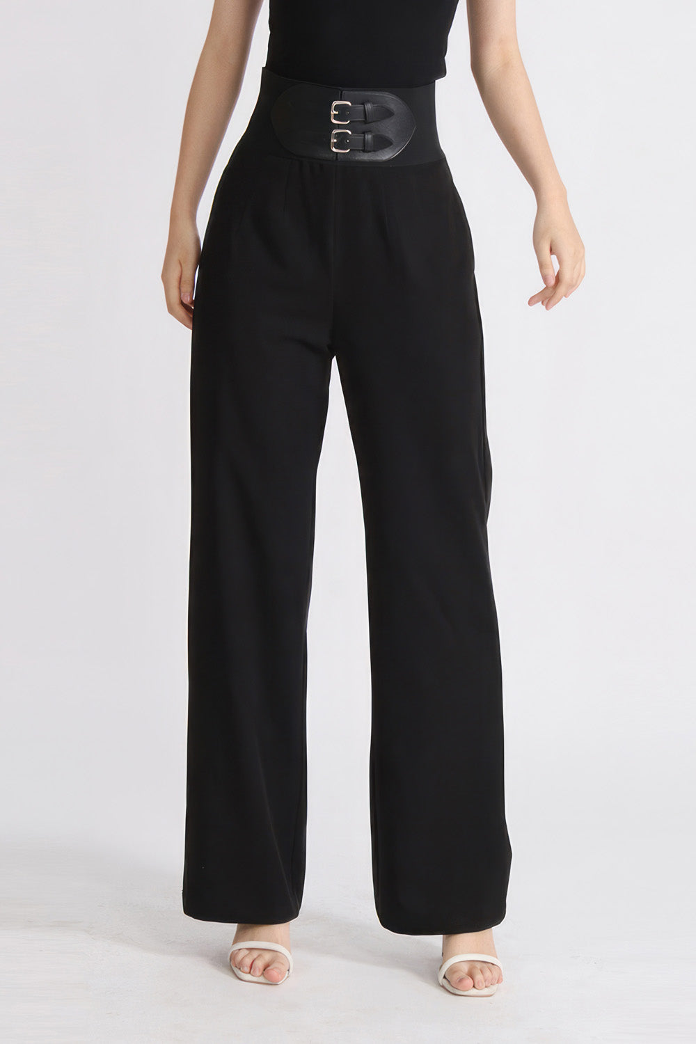 High Waisted Belted Trousers - Black