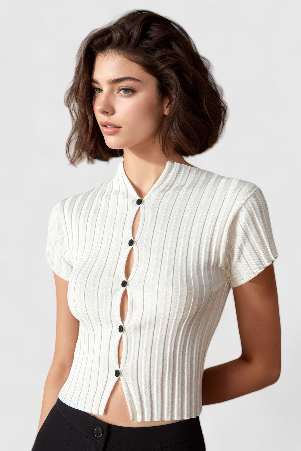 Ribbed Crop Top with Cuts - White