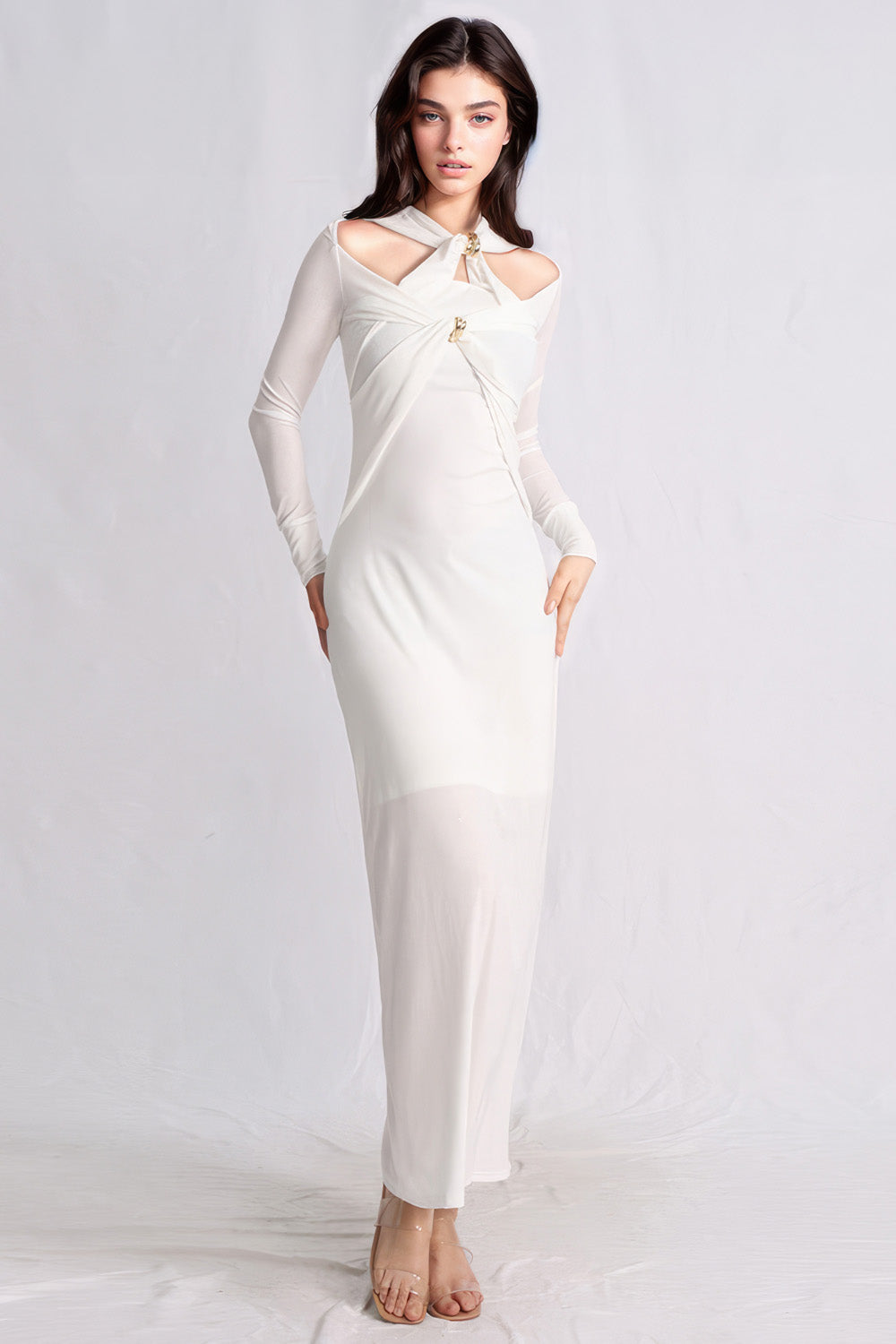 Elegant Maxi Dress with Long Sleeves - White