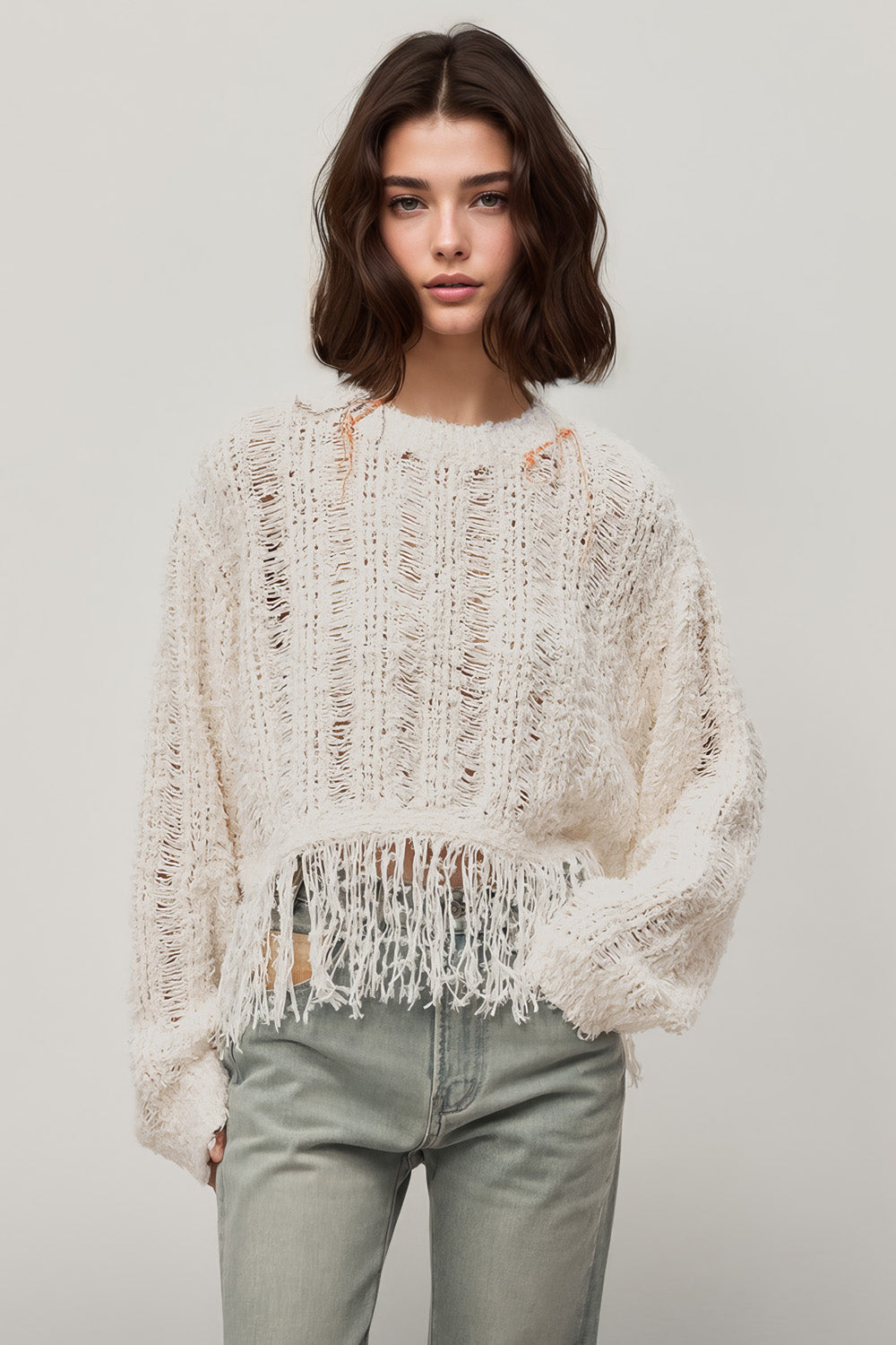 Open-Knit Top with Fringe - Vanilla