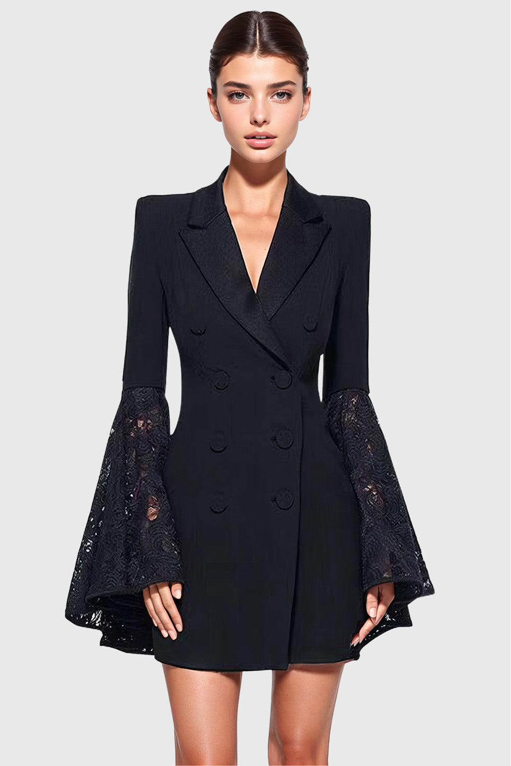 Blazer Dress with Lace Sleeves - Black