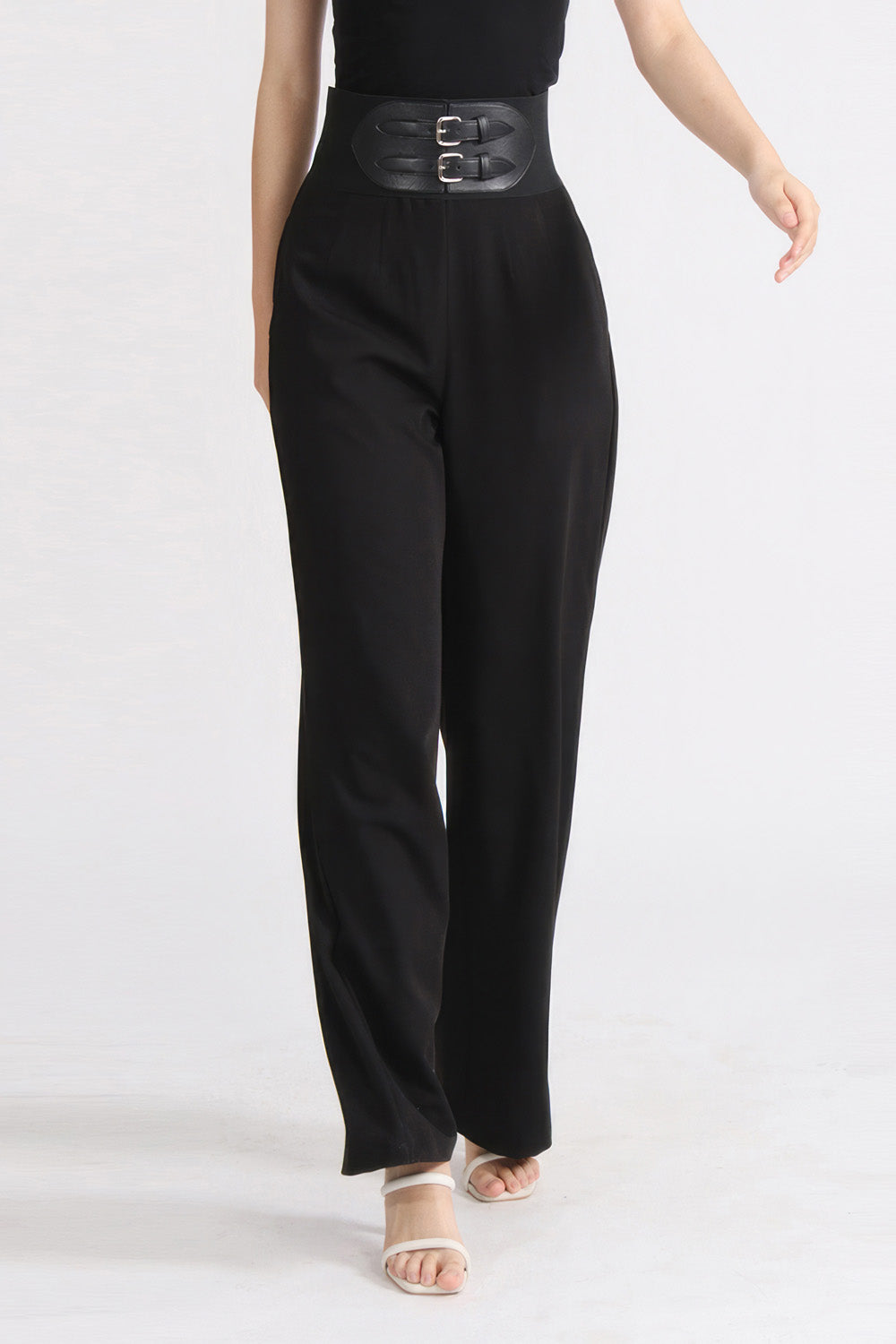 High Waisted Belted Trousers - Black