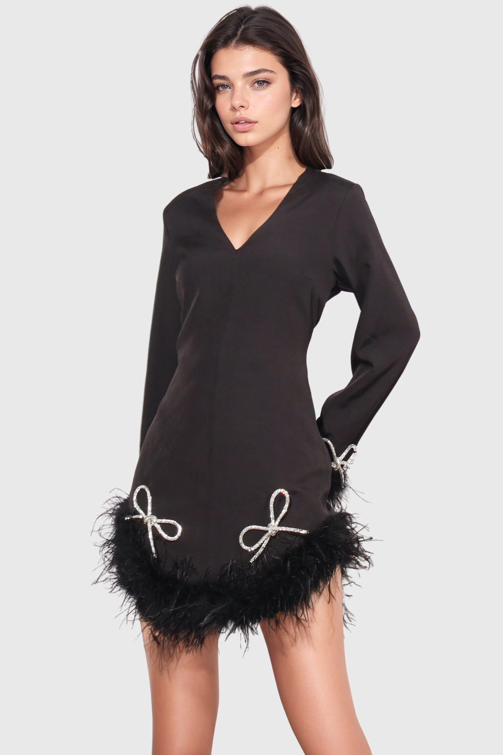 V Neck Mini Dress with Feathers Hem - Black