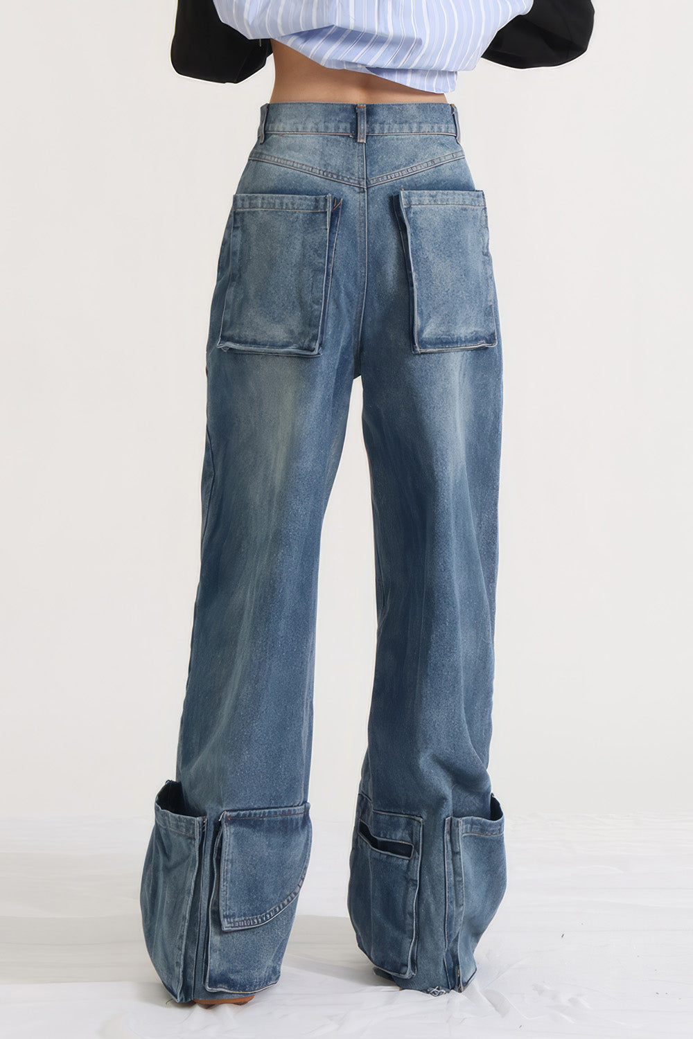 High Waisted Jeans with Pockets at Hem - Blue