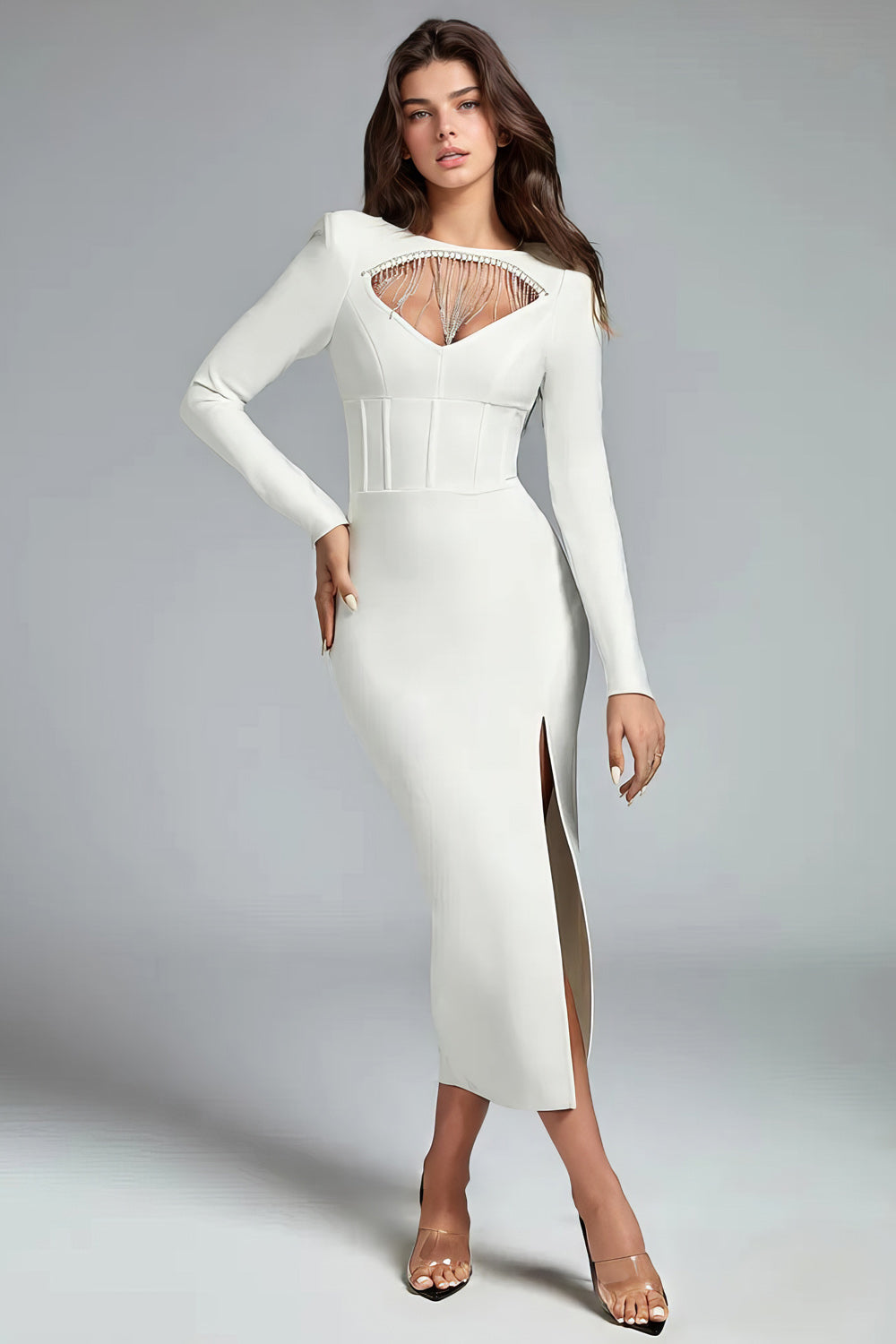 Midi Dress with Front Cut and Slit - White