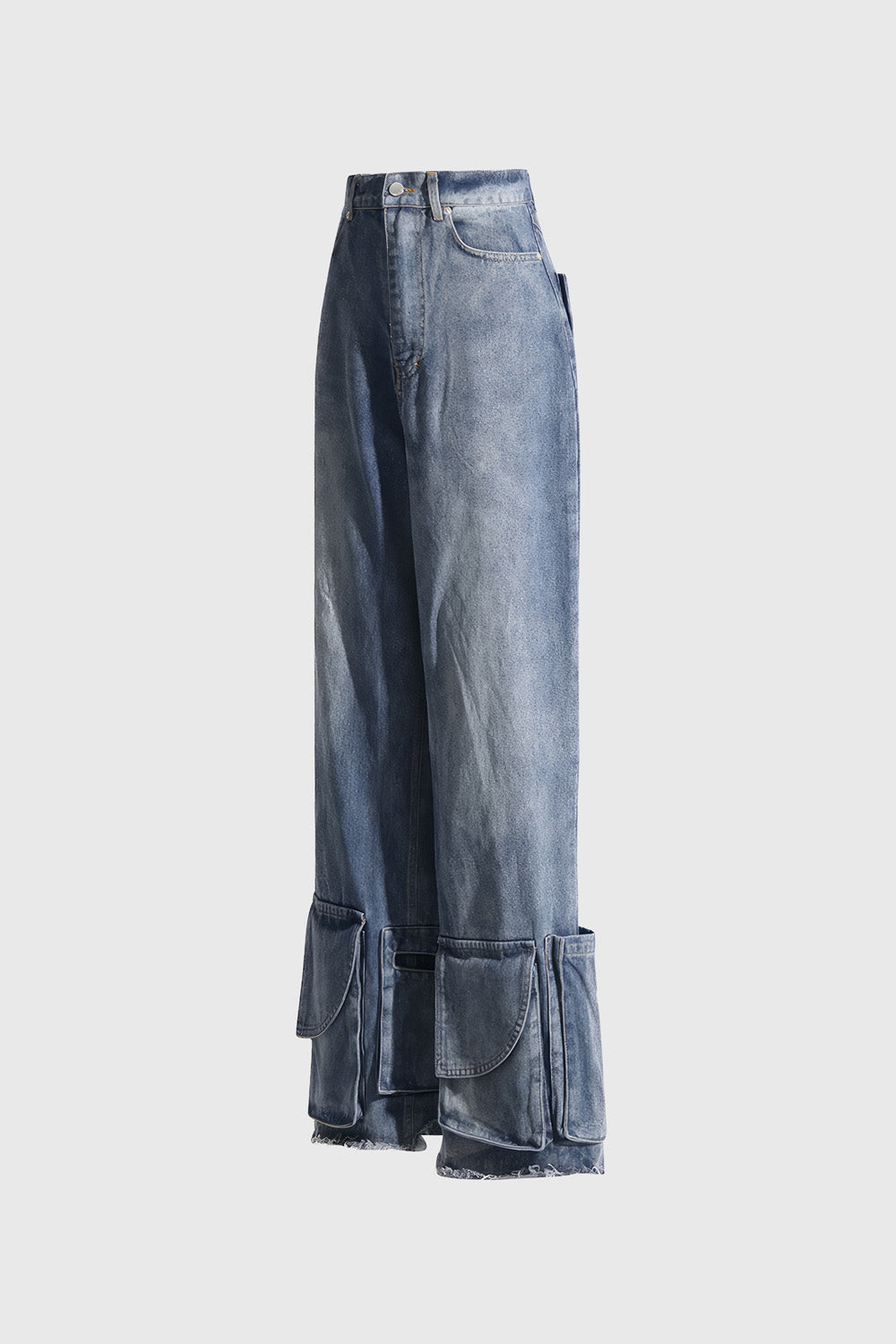 High Waisted Jeans with Pockets at Hem - Blue