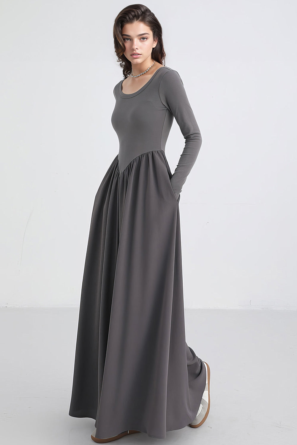 Maxi Dress with V Waistline - Grey