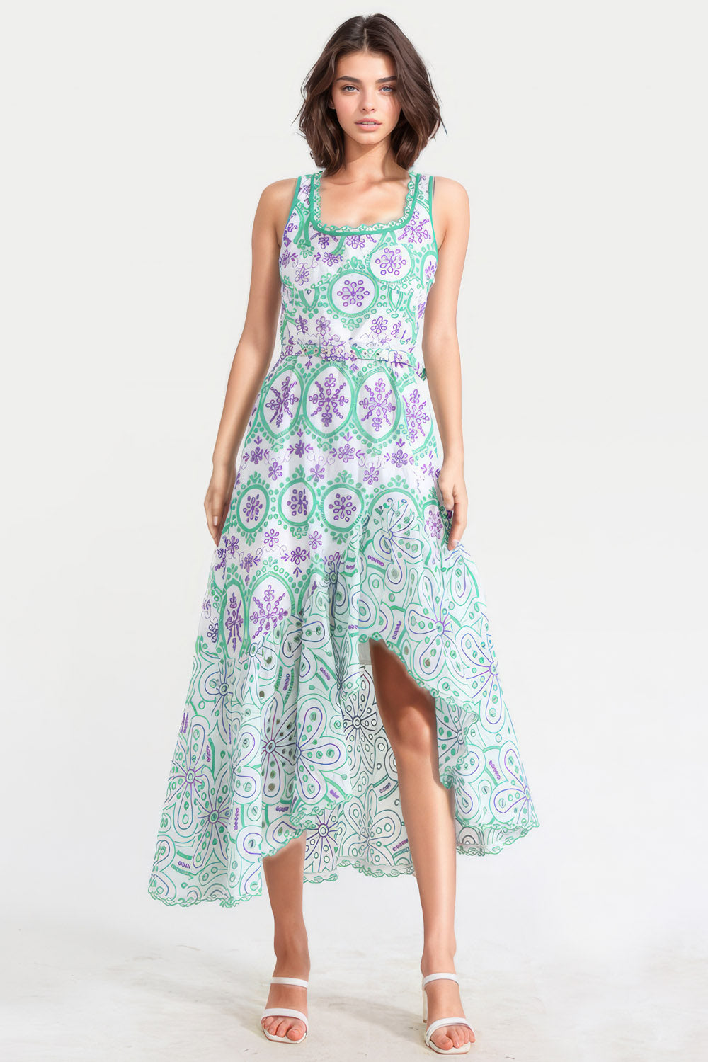 Patterned Irregular Midi Dress - Green