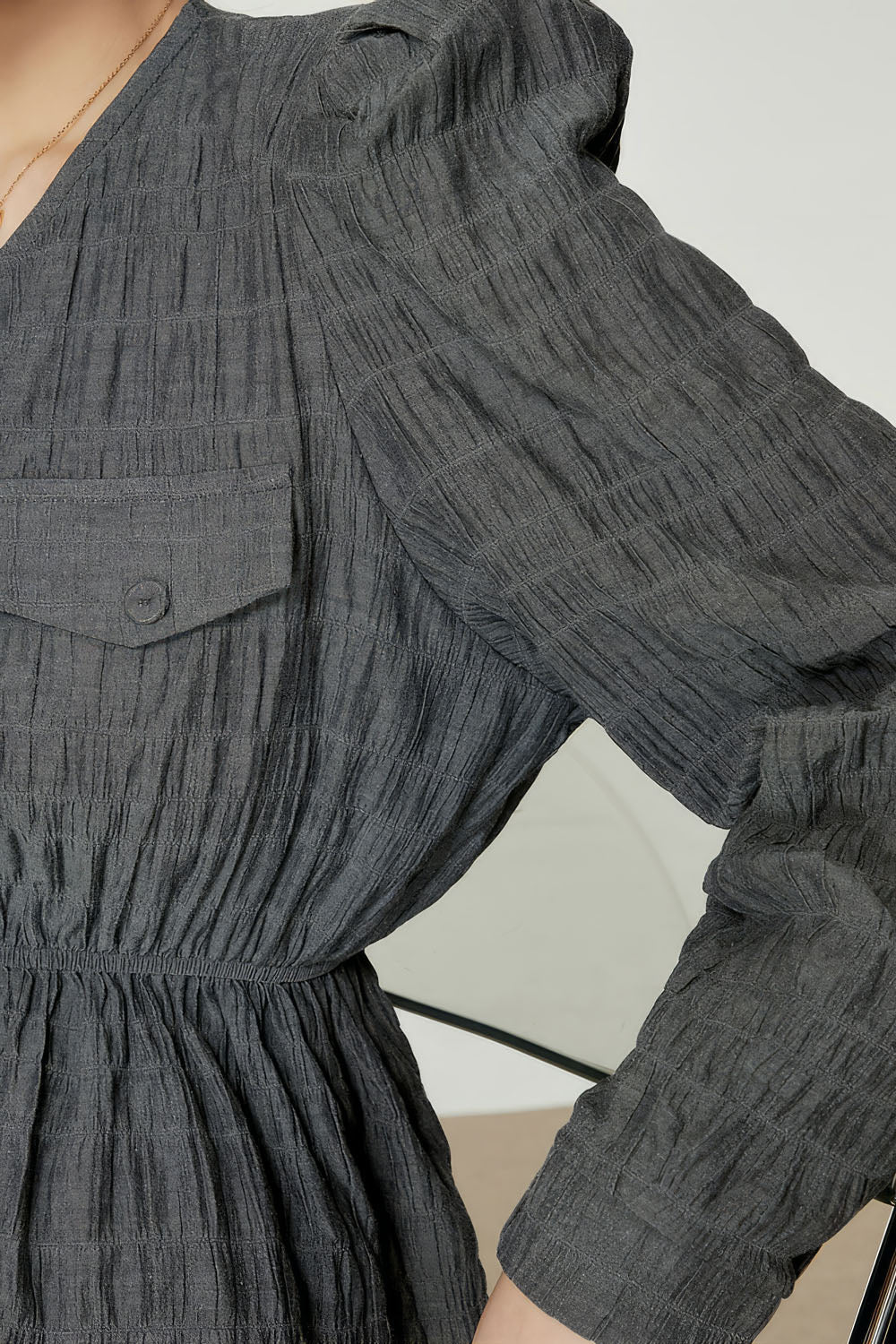 Textured Shirt with Ruched Waist - Grey