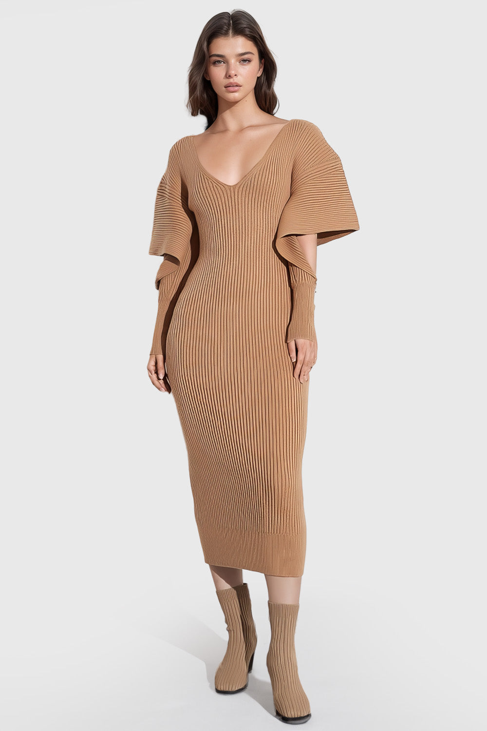 V Neck Ribbed Midi Dress - Brown