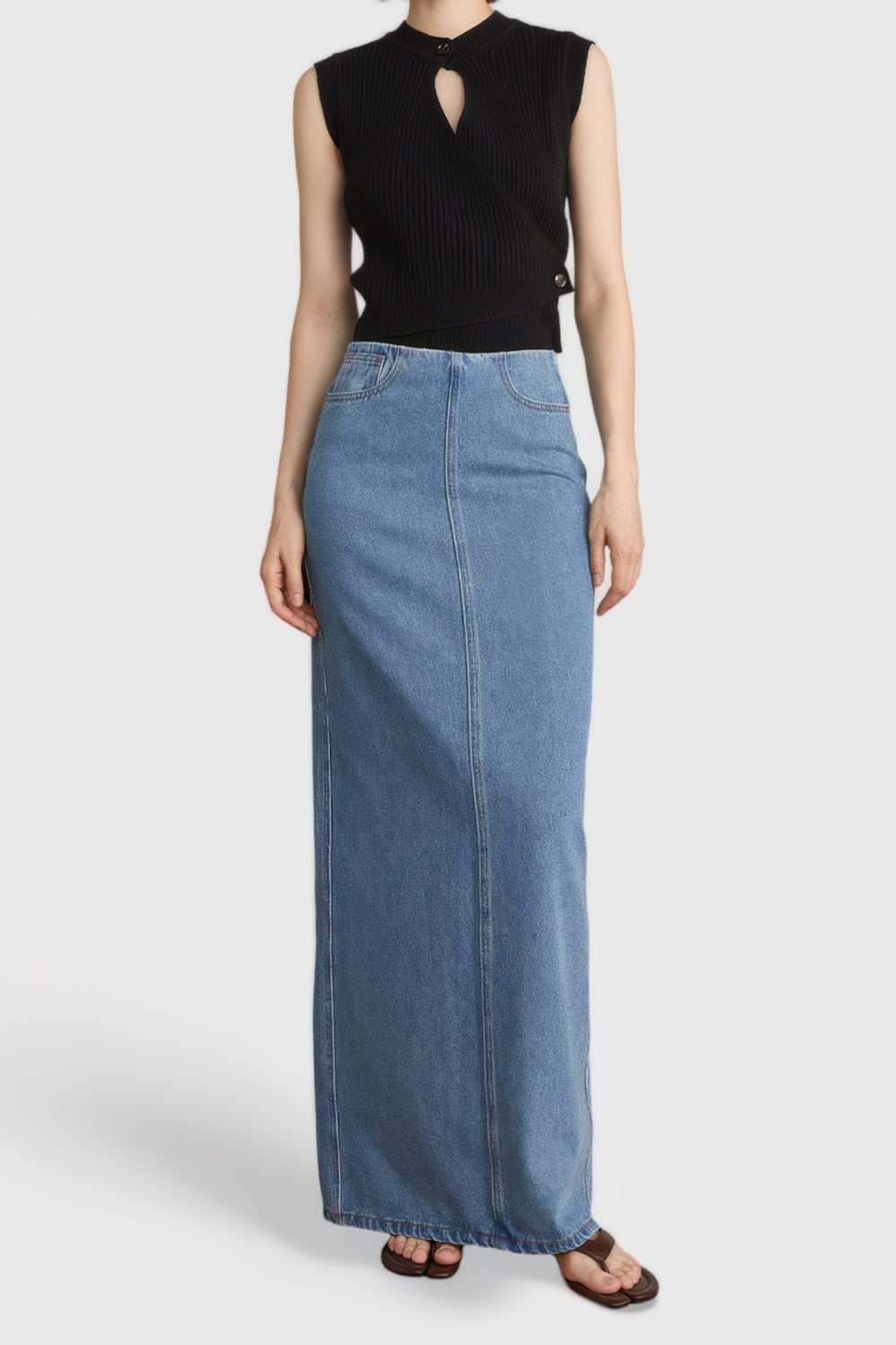 Maxi Denim Skirt with Cropped Waistline - Blue