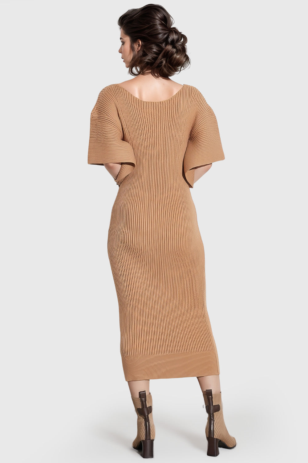 V Neck Ribbed Midi Dress - Brown