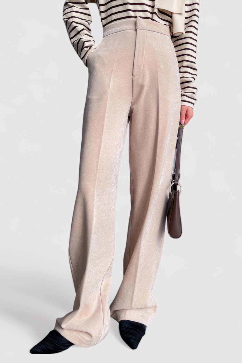 High Waisted Velvet Trousers - Beige