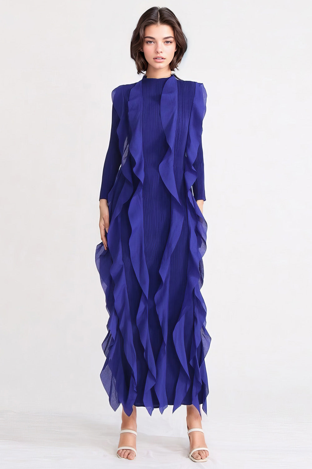 Long Sleeve Dress with Ruffles - Dark Blue