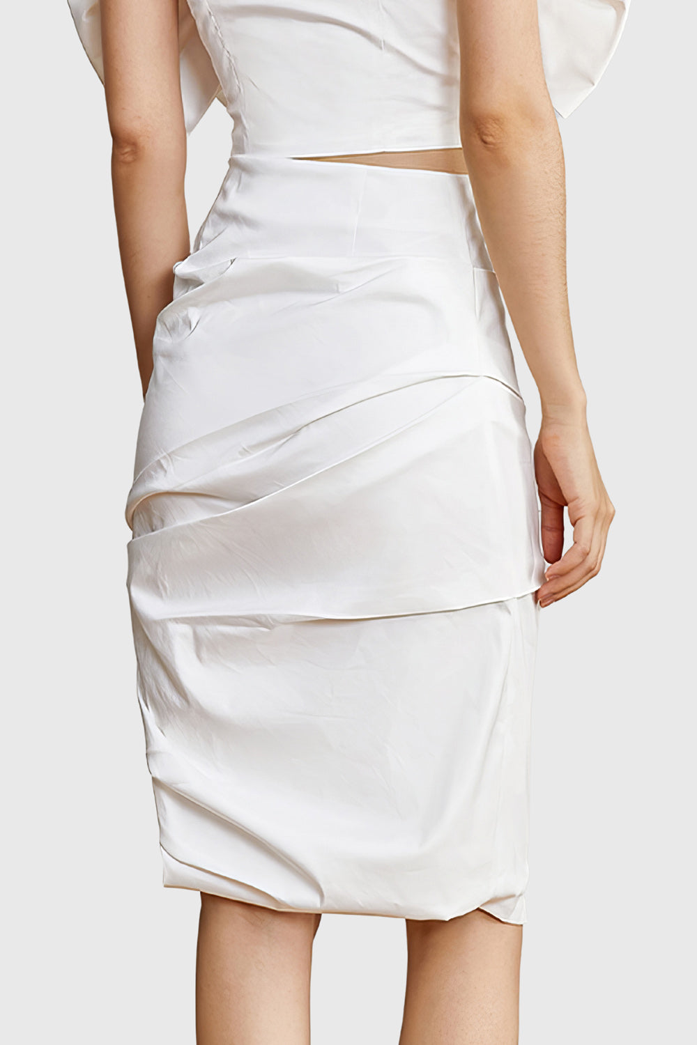 Knee Length Skirt with Folding Details - White