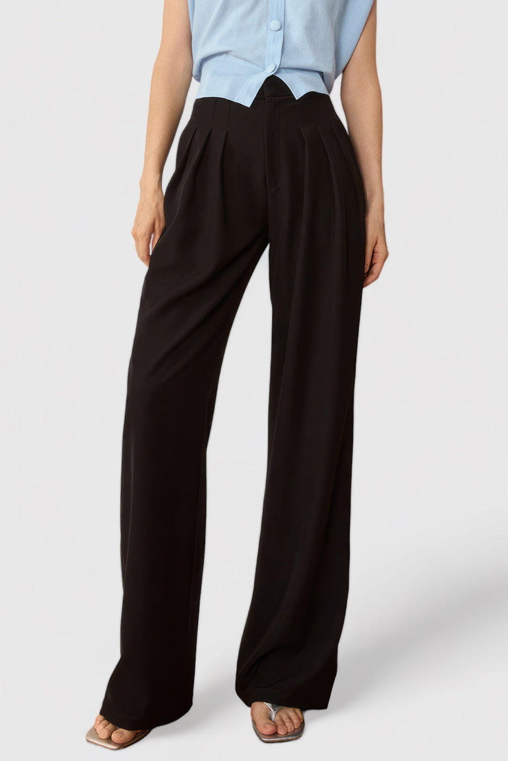 Wide Leg Pleated Trousers - Black