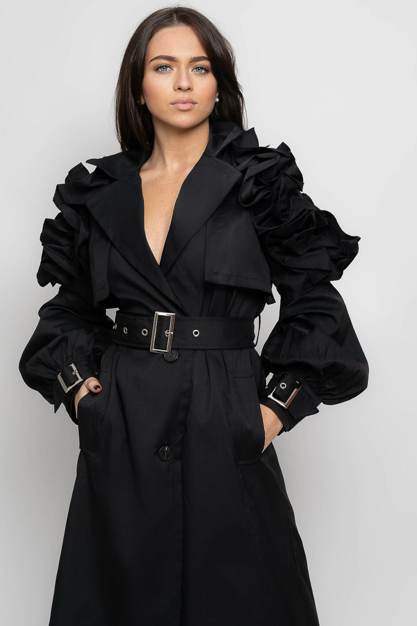 MADISON Ruffled Trench Coat - Black