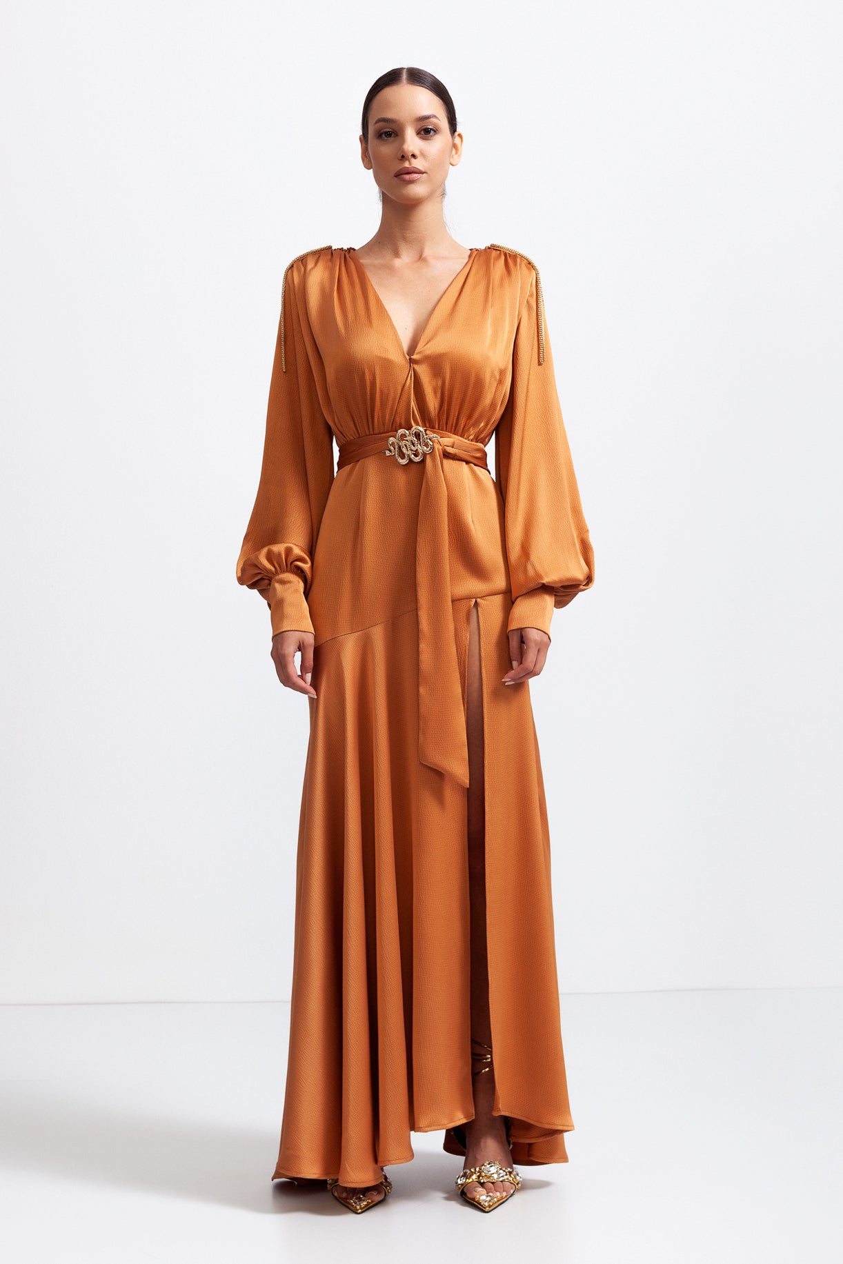 ELANI V-neck Maxi Dress with Golden Details - Caramel Brown