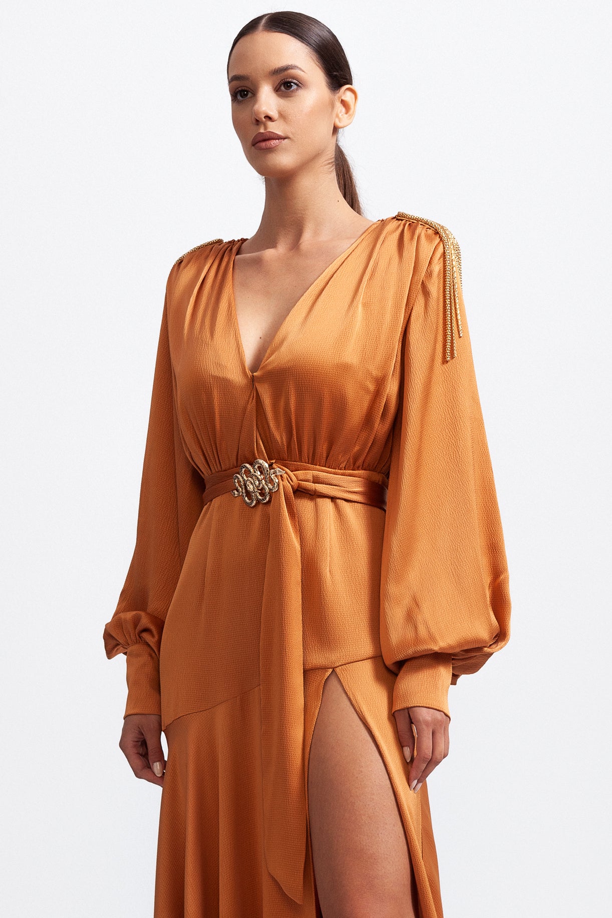 ELANI V-neck Maxi Dress with Golden Details - Caramel Brown