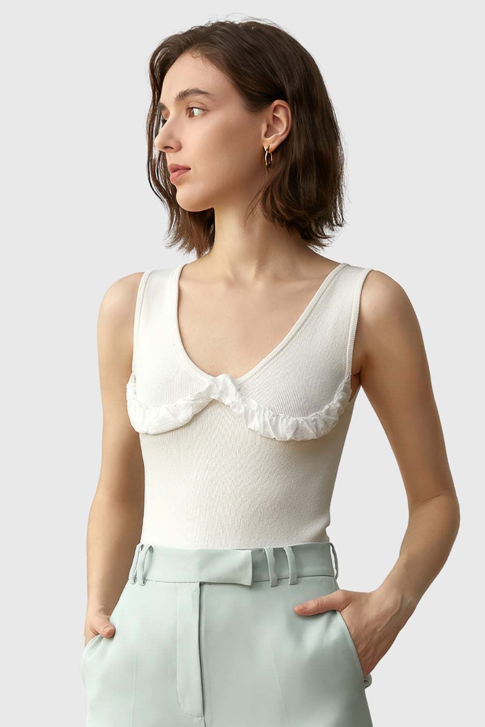 Ribbed Top with V Neckline - White