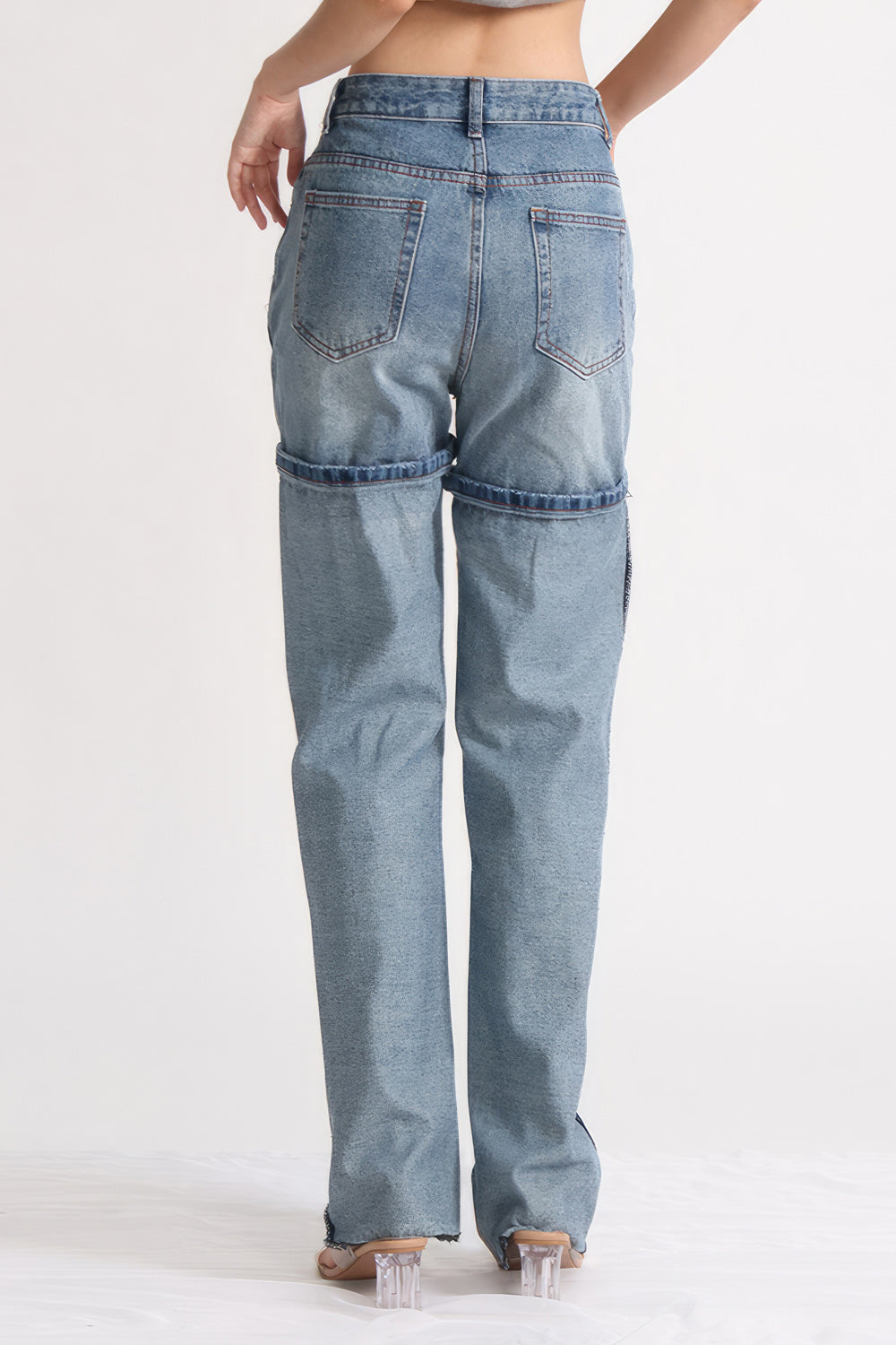 High Waisted Jeans with Stitching Details - Blue