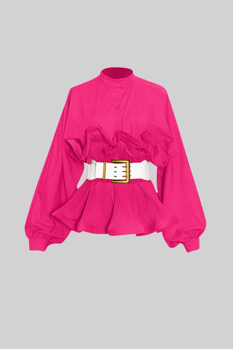 SERILDA Ruffle Shirt with Massive Belt - Fuchsia Pink