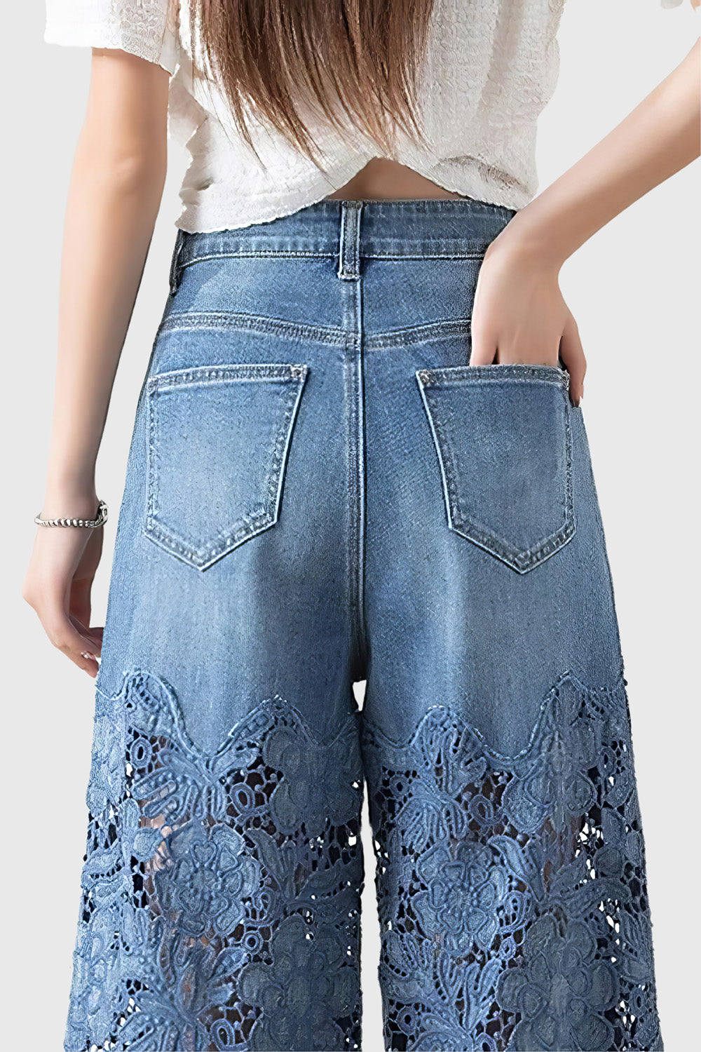 Wide Jeans with Lace Detail - Blue