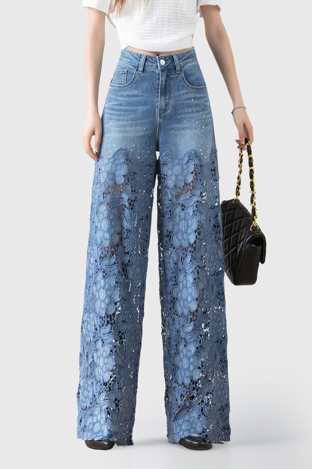 Wide Jeans with Lace Detail - Blue