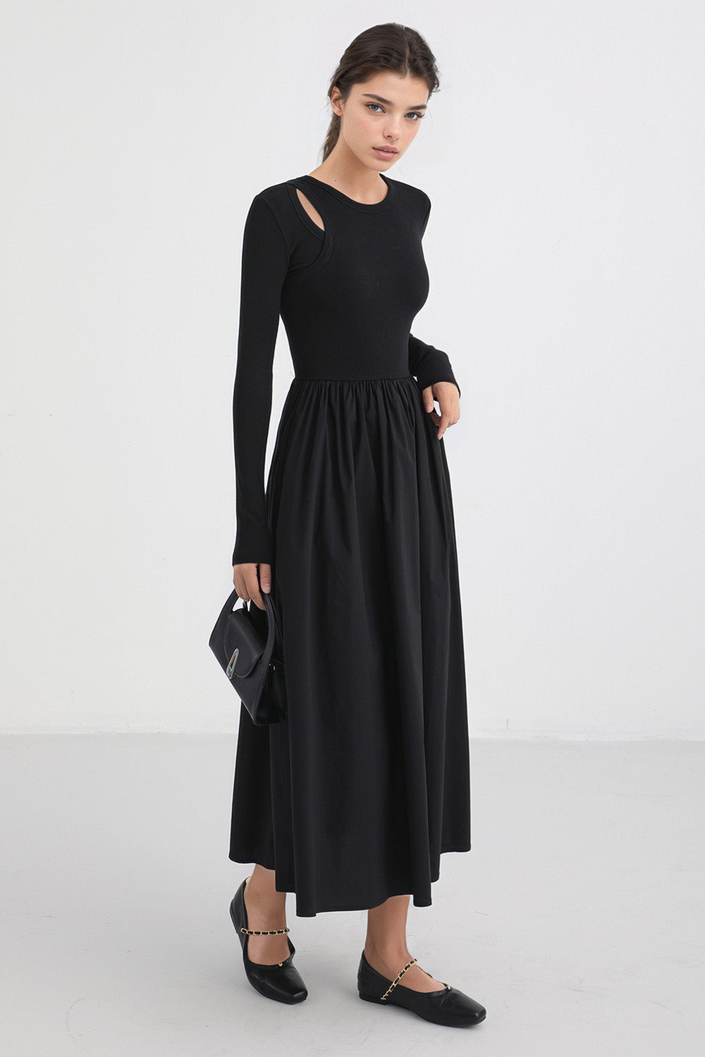 Long Sleeve Midi Dress with Pockets - Black