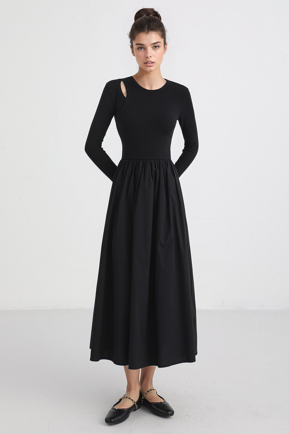 Long Sleeve Midi Dress with Pockets - Black