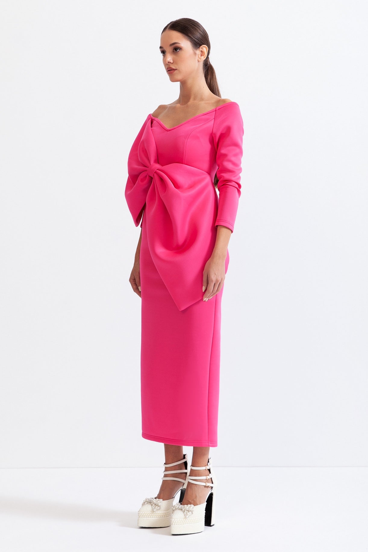 LEA Long Sleeve Cut Out Ribbon Midi Dress - Fuchsia Pink