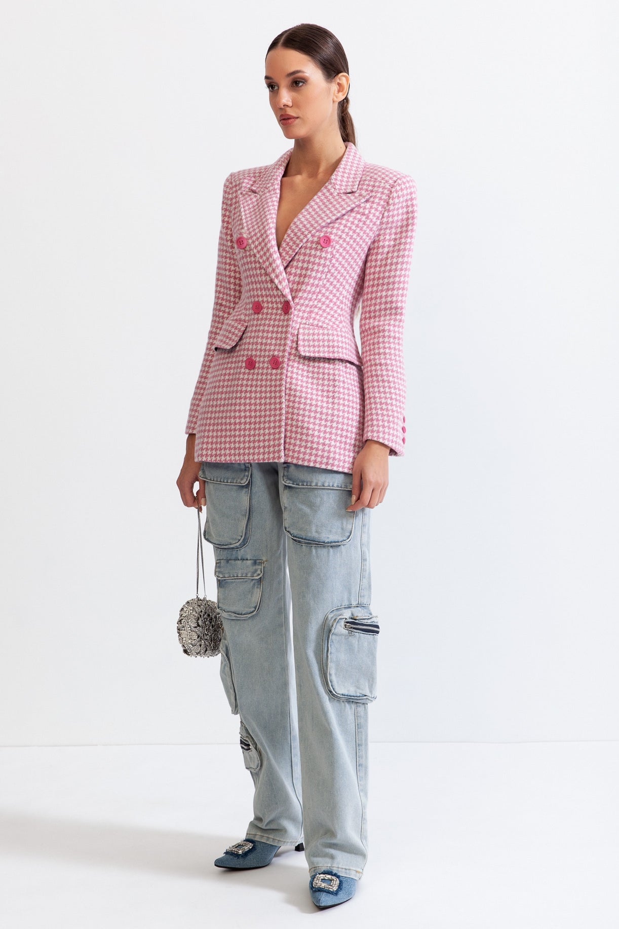 ARIA Houndstooth Jacket with Pointed Shoulders - Pink