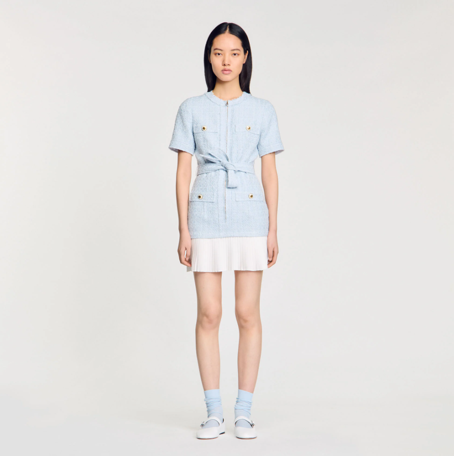 NEW SANDRO  Boucle Pocket Tweed Mini  Dress - Light Blue