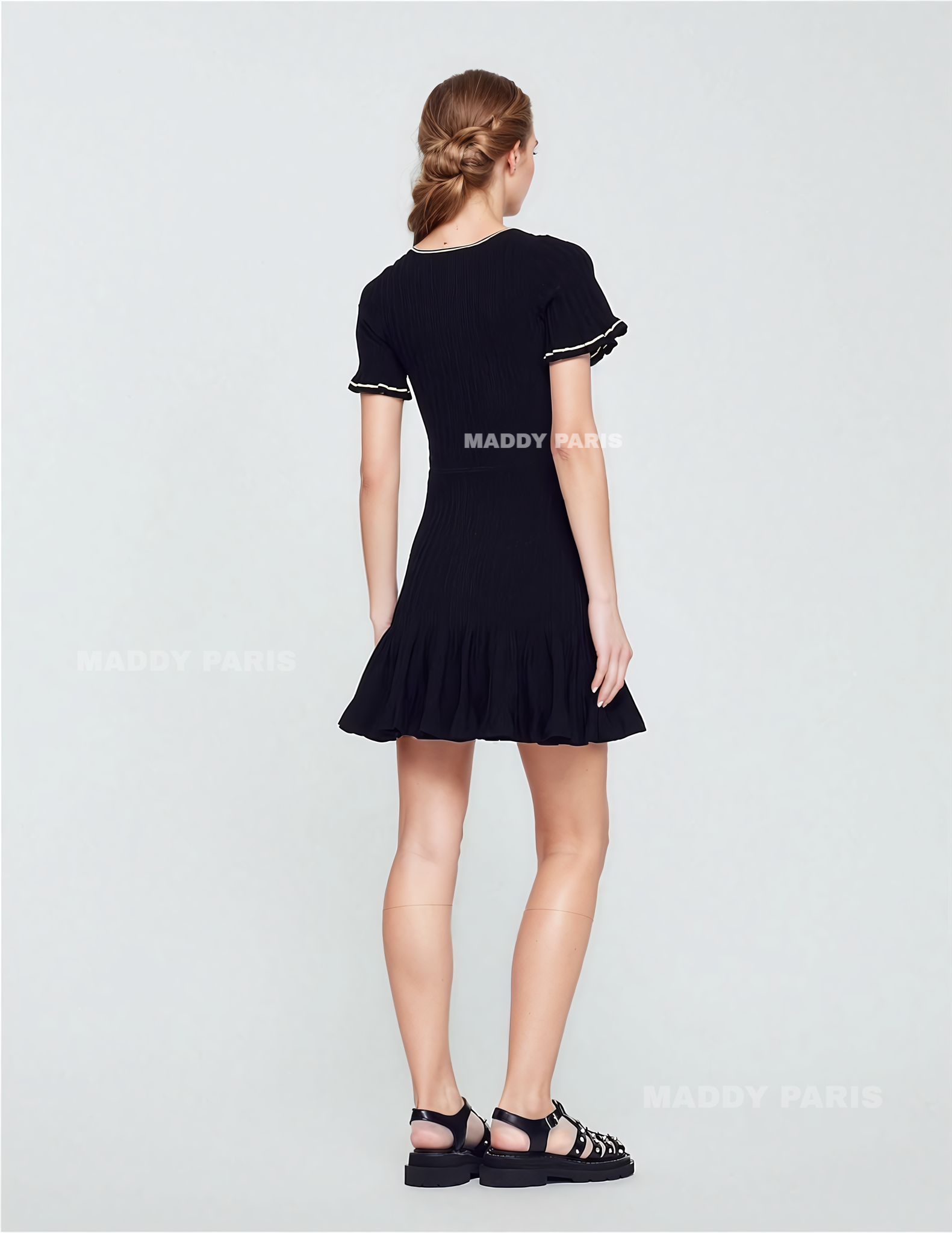 SANDRO  Black Short Mini Dress with Buttons and Contrast Trim - Black