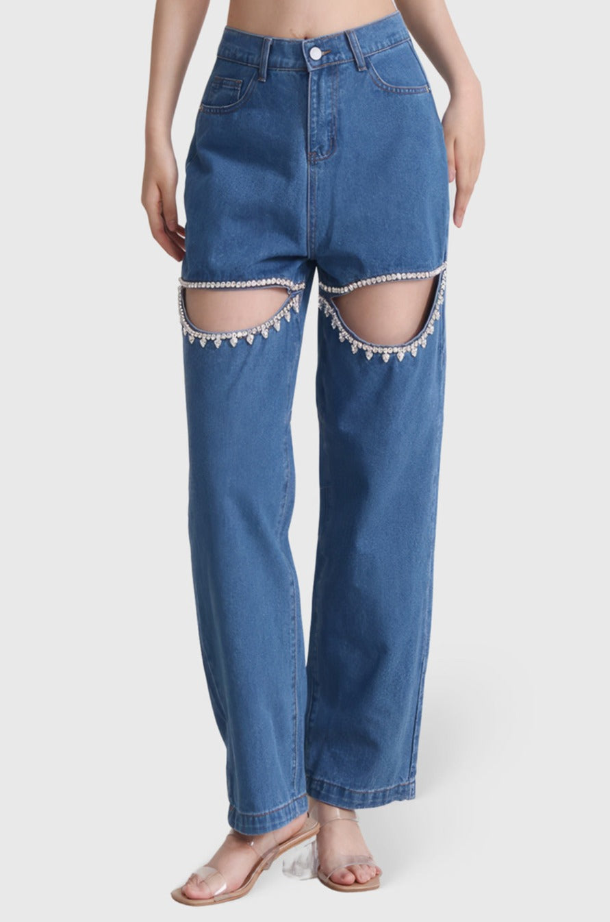 High Waisted Jeans with Cut Outs - Dark Blue