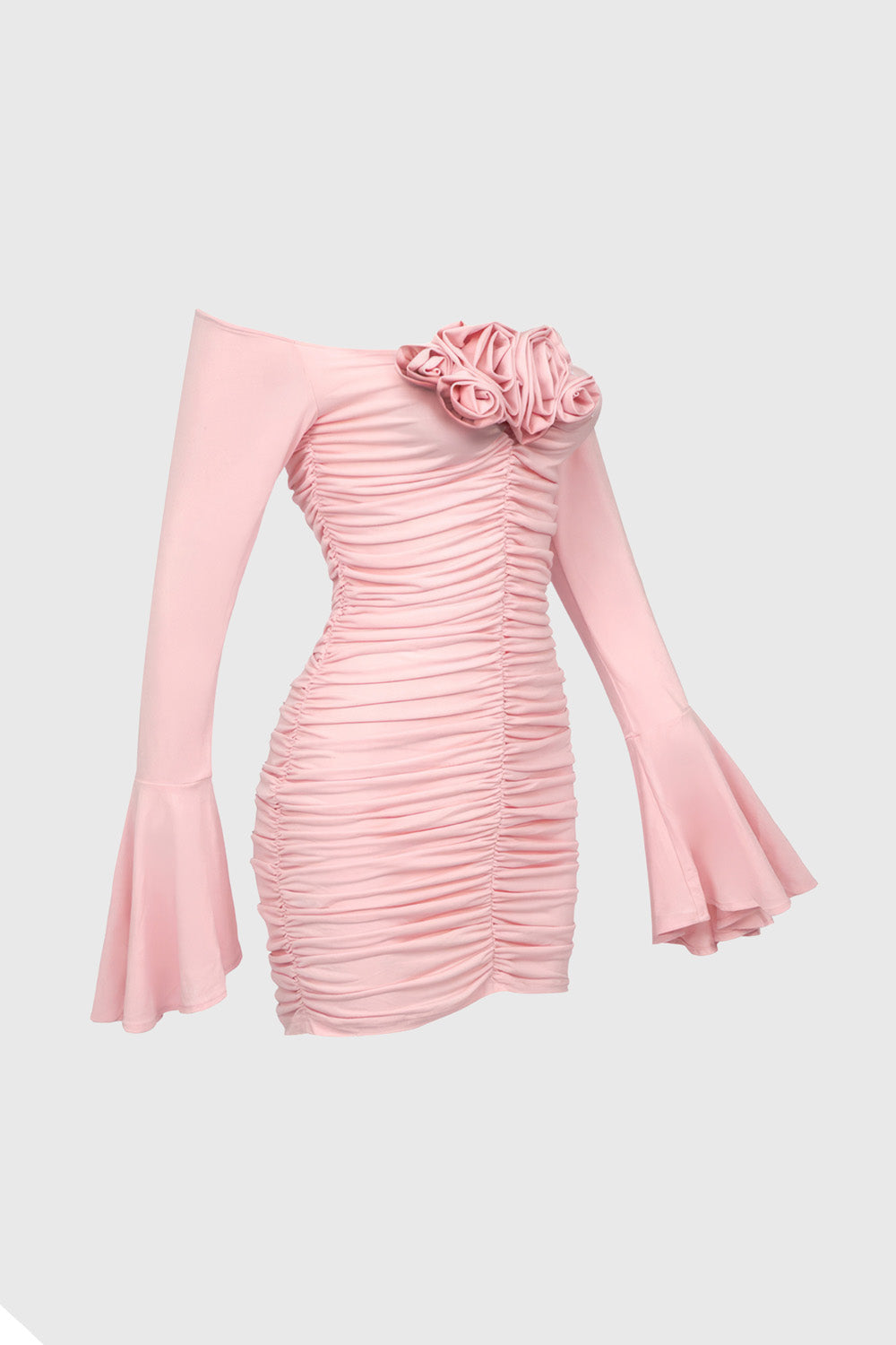 Ruched Dress with Flowers Attached - Pink