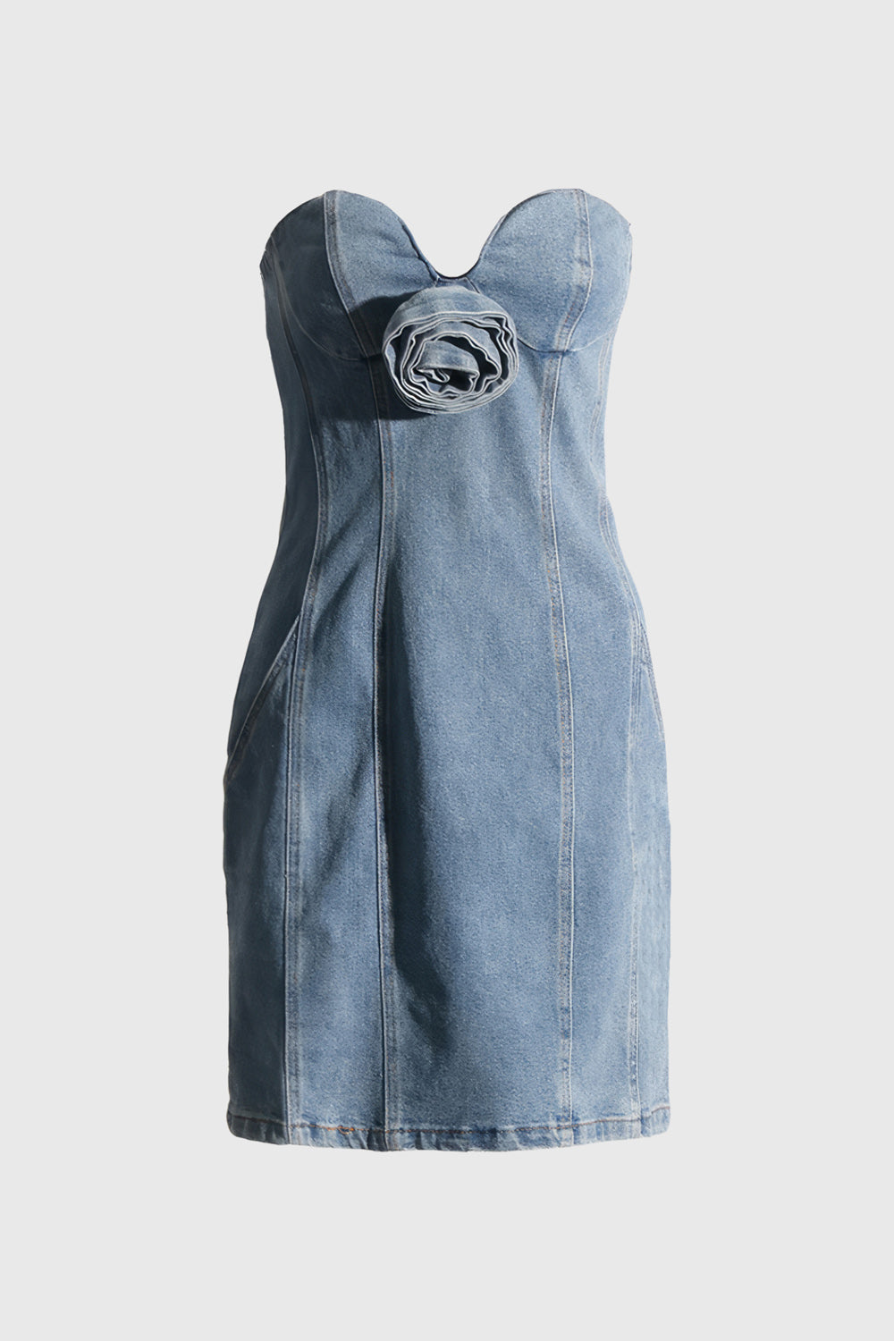 Denim Dress with Flower Detail - Blue