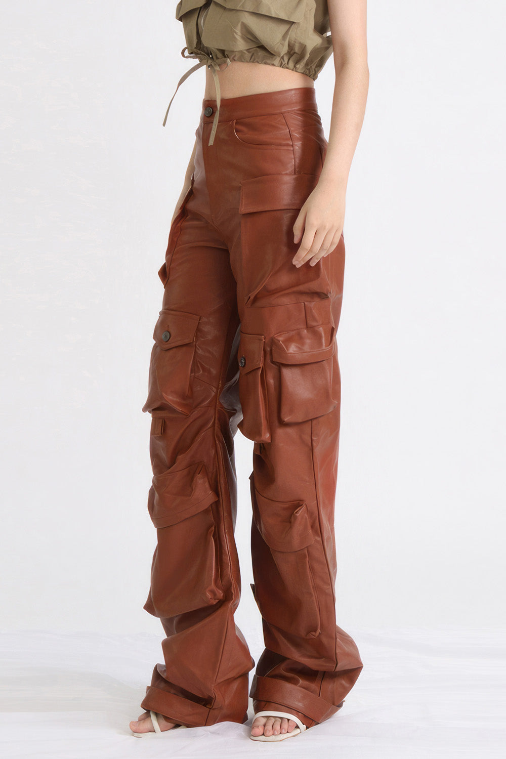 Leather Cargo Trousers - Brown