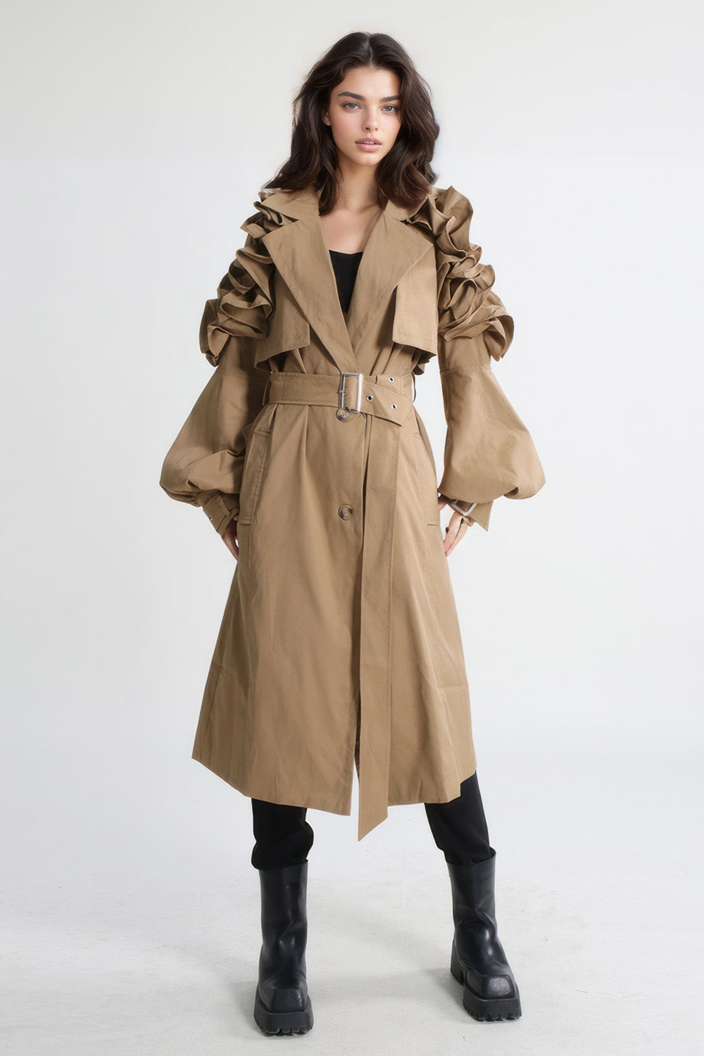 Single Breasted Trenchcoat with Sleeve Details - Brown