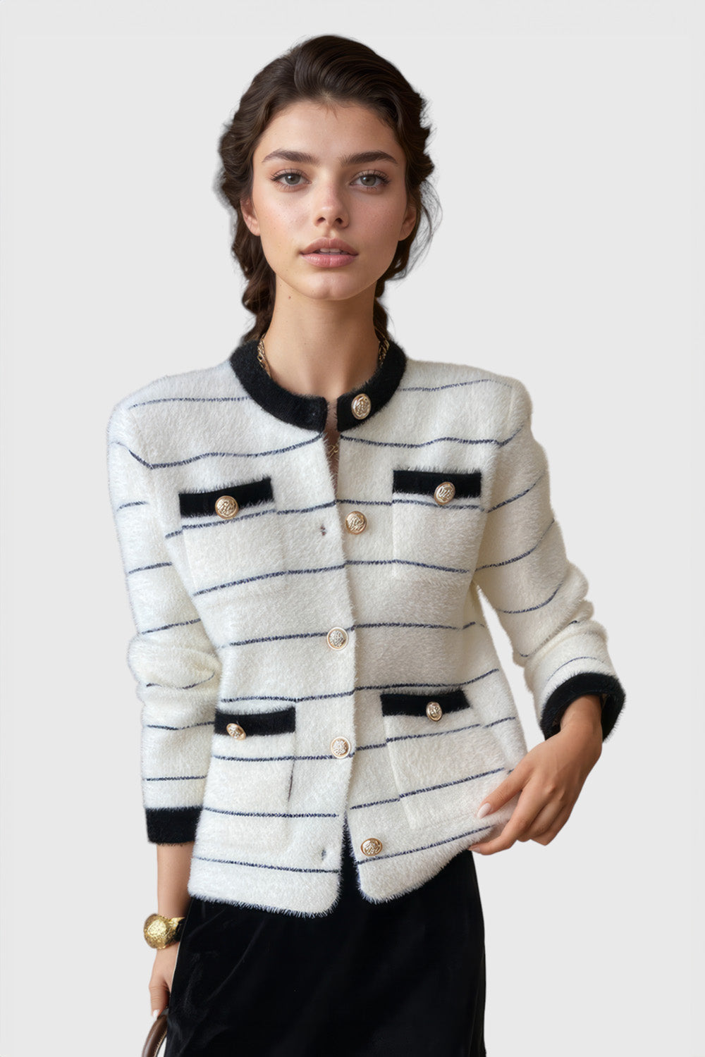 Textured Striped Cardigan - White