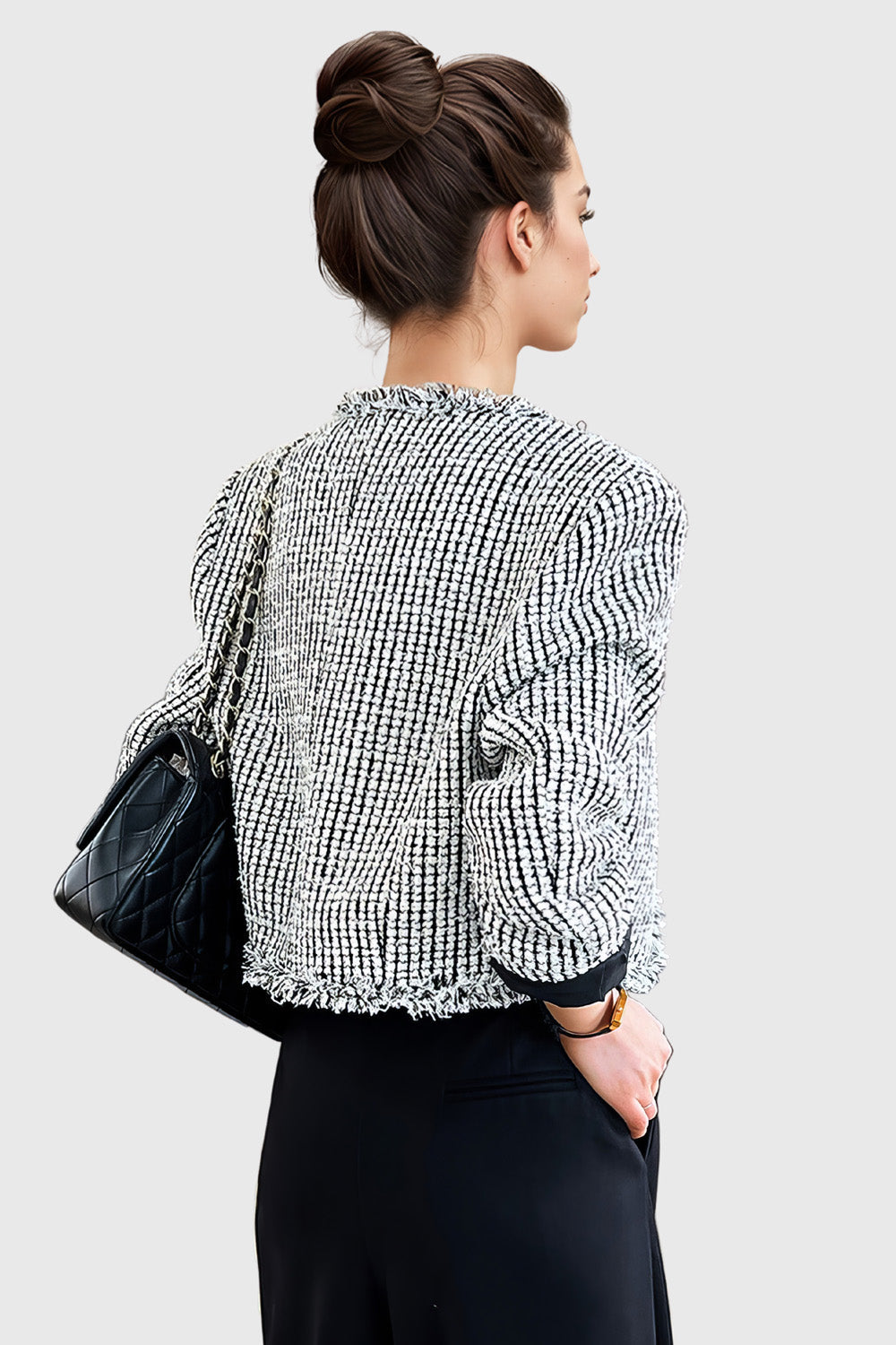 Plaid Short Tweet Jacket - White & Black