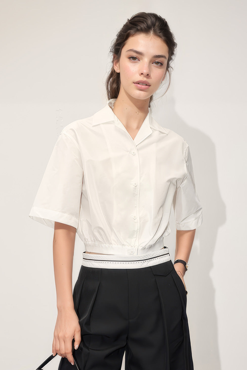 Short Sleeve Shirt with Elastic Hem - White