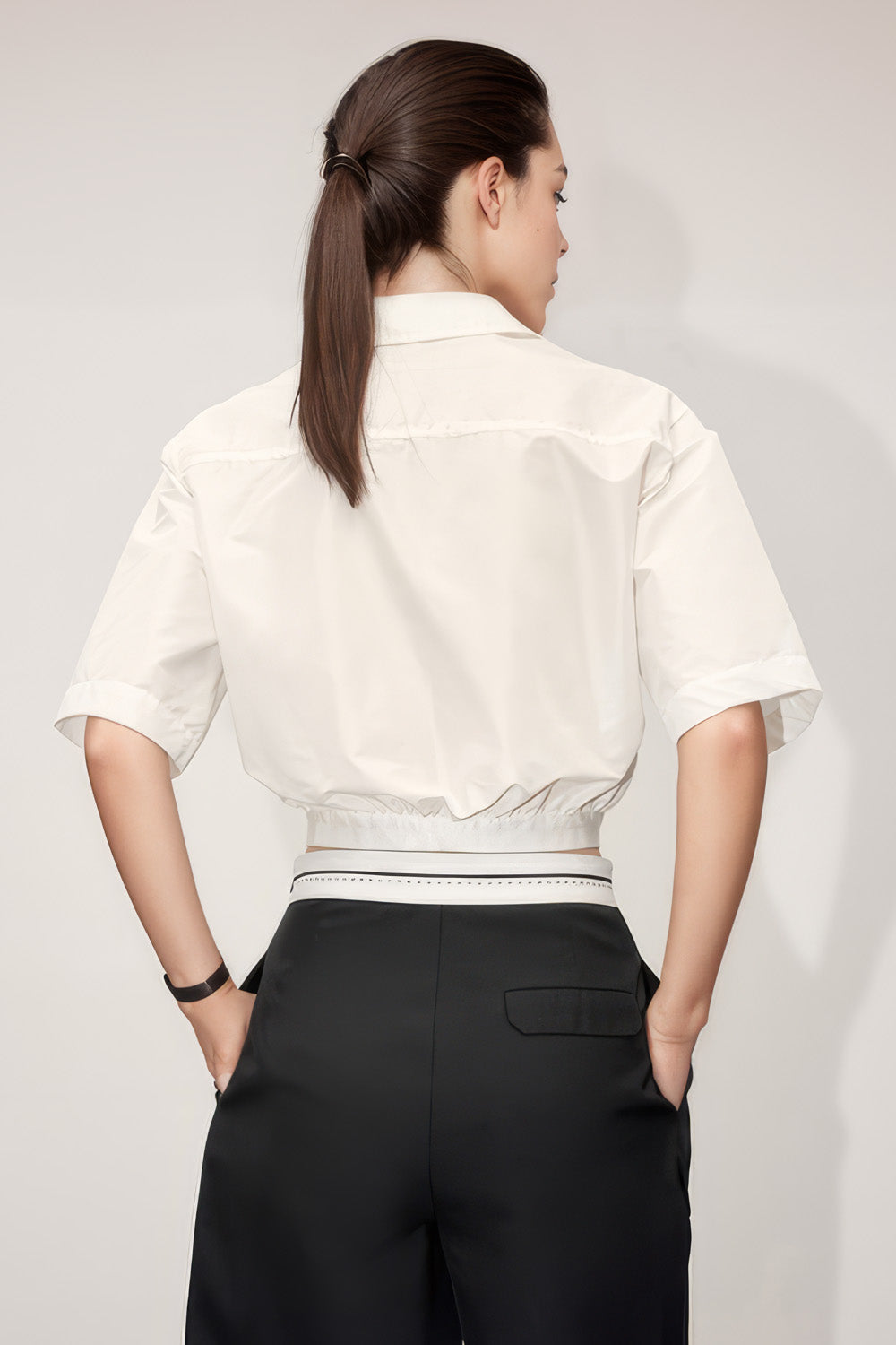 Short Sleeve Shirt with Elastic Hem - White