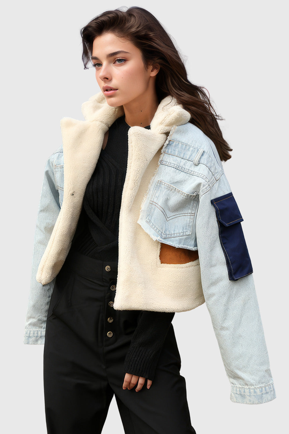 Fur Jacket with Denim Inserts - Blue